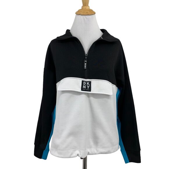 DKNY Sport Sweatshirt Womens S Small Black White Colorblock Half Zip Pullover - Picture 1 of 15